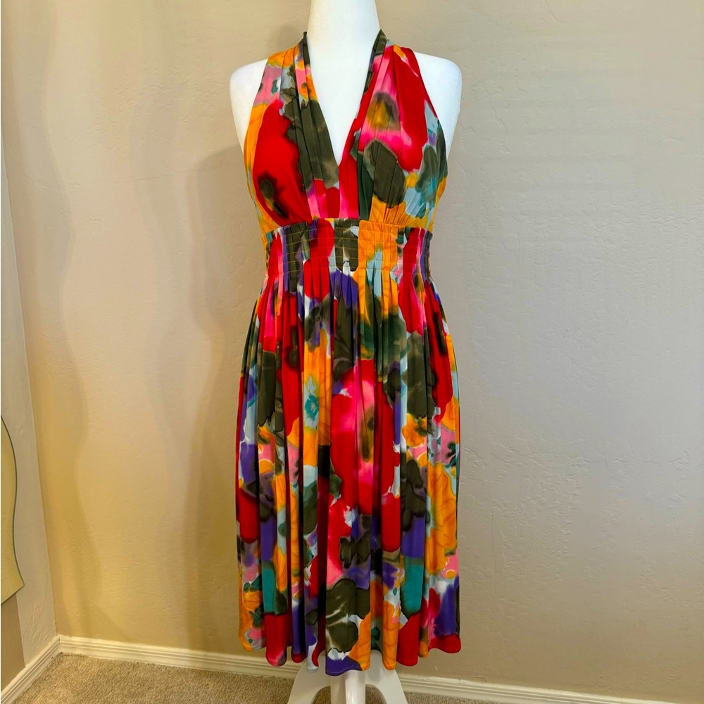 CALVIN KLEIN Multi Color Impressionist Floral Dress Empire Waist Size 12